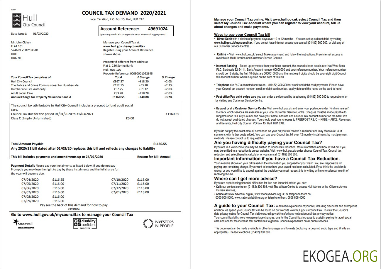 United Kingdom Hull City Council utility bill template in Word and PDF format, 2 pages